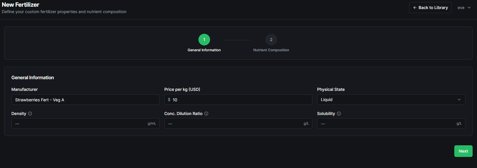 General Information form for adding a new fertilizer