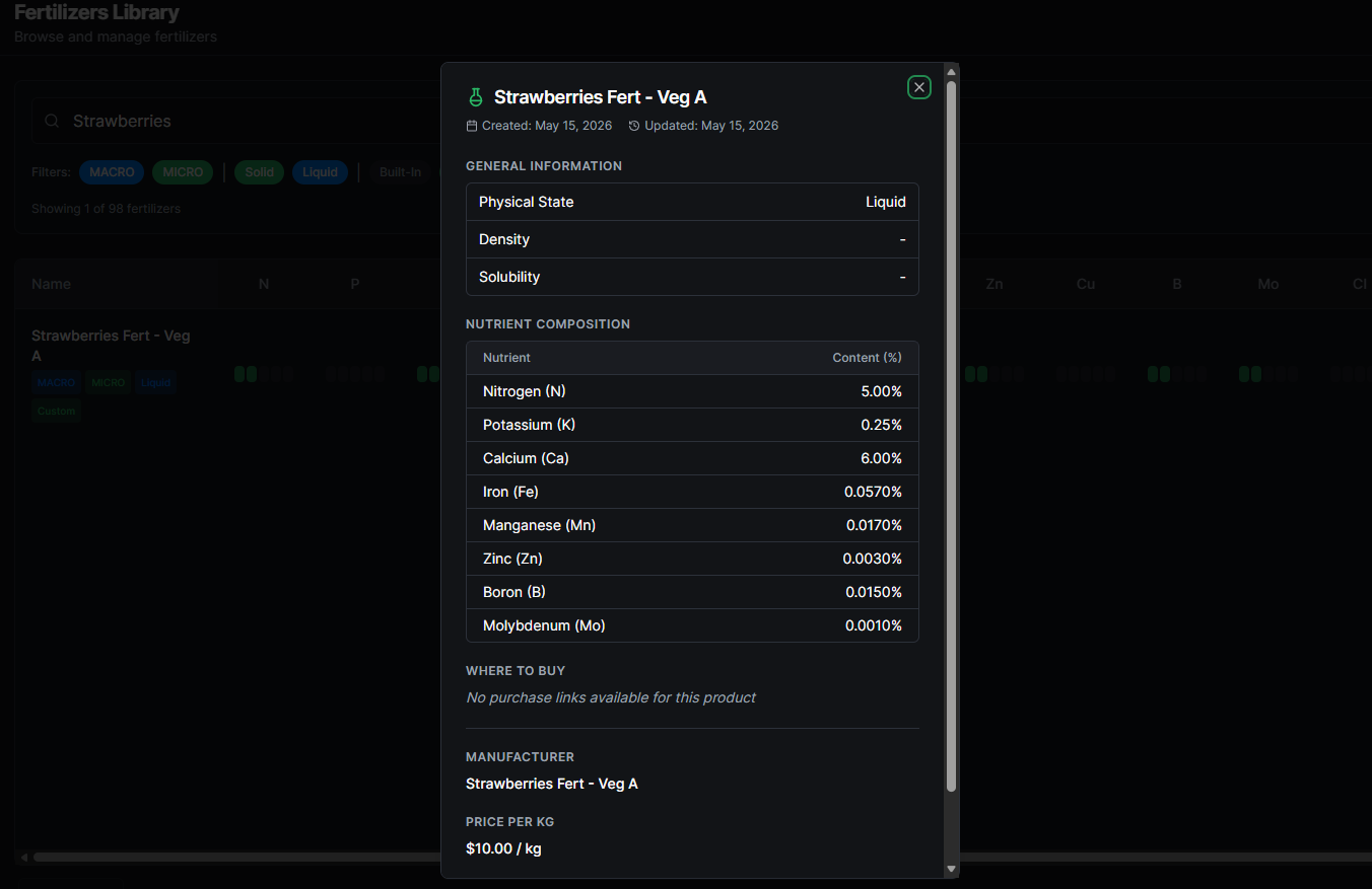 Fertilizer Library filter panel showing MACRO, MICRO, Solid, Liquid, Built-in, and Custom options