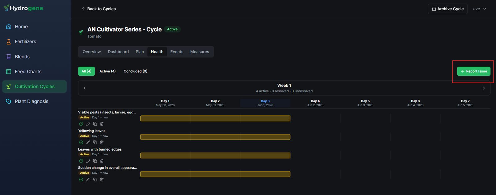 Health tab with the + Report Issue button