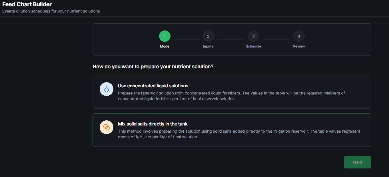 Direct Mixing mode selection screen